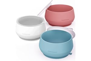 NumNum Suction Bowls for Babies & Toddlers, Extra Strong Non-Slip Suction, 100% Food-Grade Silicone, BPA-Free, Microwave & Dishwasher Safe, Baby-Led Weaning Bowl, 3-Pack With Lid, Blue/Mauve/White