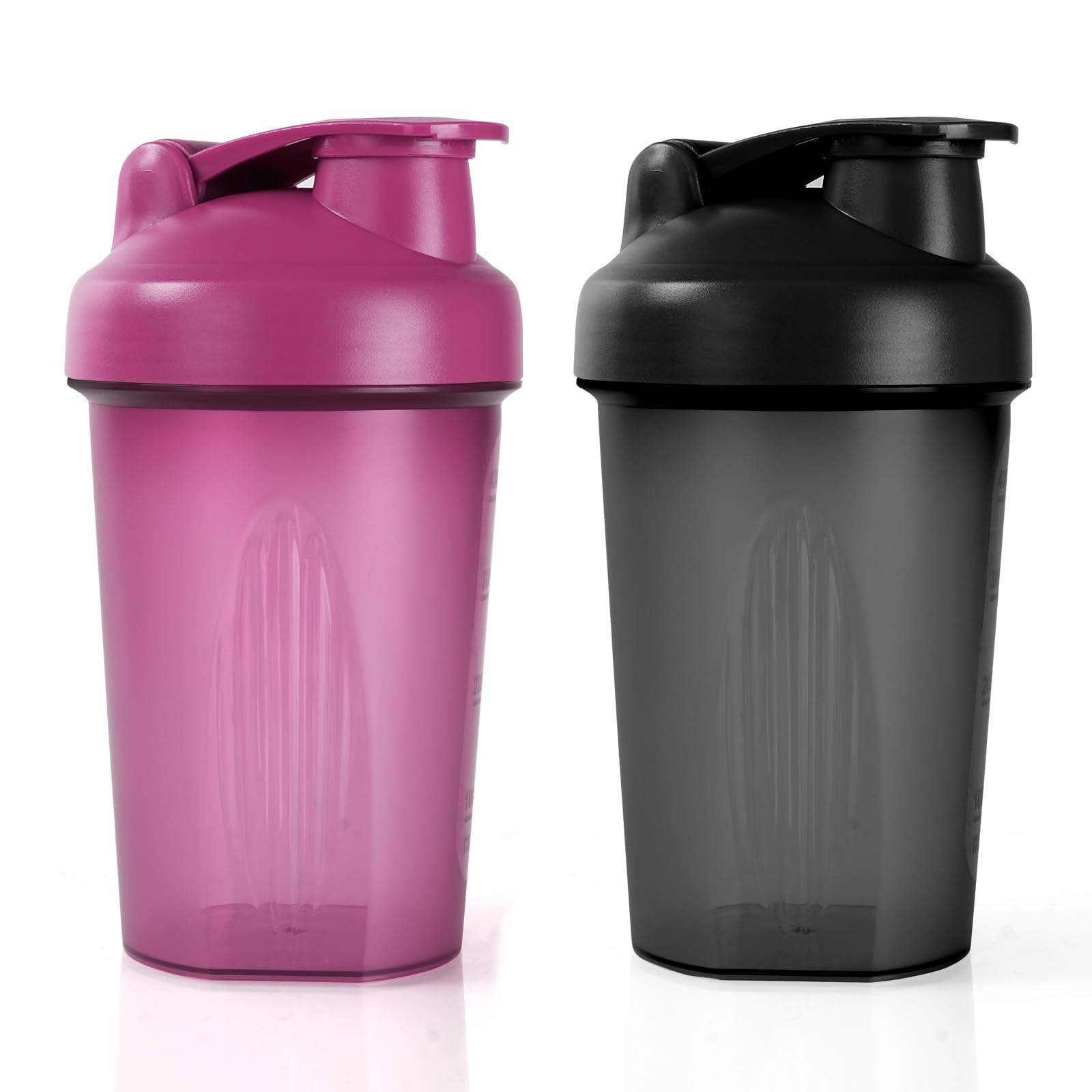 ACWOO Protein Shaker Bottle with Stainless Steel Mixing Ball 500ml, 2pcs Protein & Supplement Shaker Bottle, Leak Proof Flip Flop Lid Shake Bottle Mixer, BPA Free Protein Shake Bottle, Black + Purple