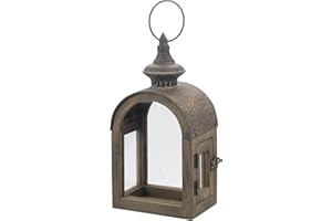 TWAKUTWAKU 12" High Wooden Dome Lantern Made of Solid Fir Wood and Real Glass in Rustic Brown Finish with Rustic Metal Top, Hurricane Lantern, Farmhouse Lantern (1, Brown, Small)