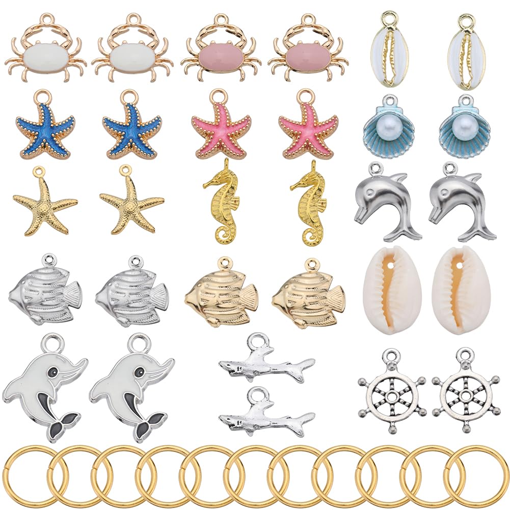 SUNNYCLUE 1 Box 30Pcs 15 Styles Ocean Charms Sea Life Charms Bulk Marine Animal Starfish Seashell Dolphin Crab Summer Charm for DIY Jewellery Making