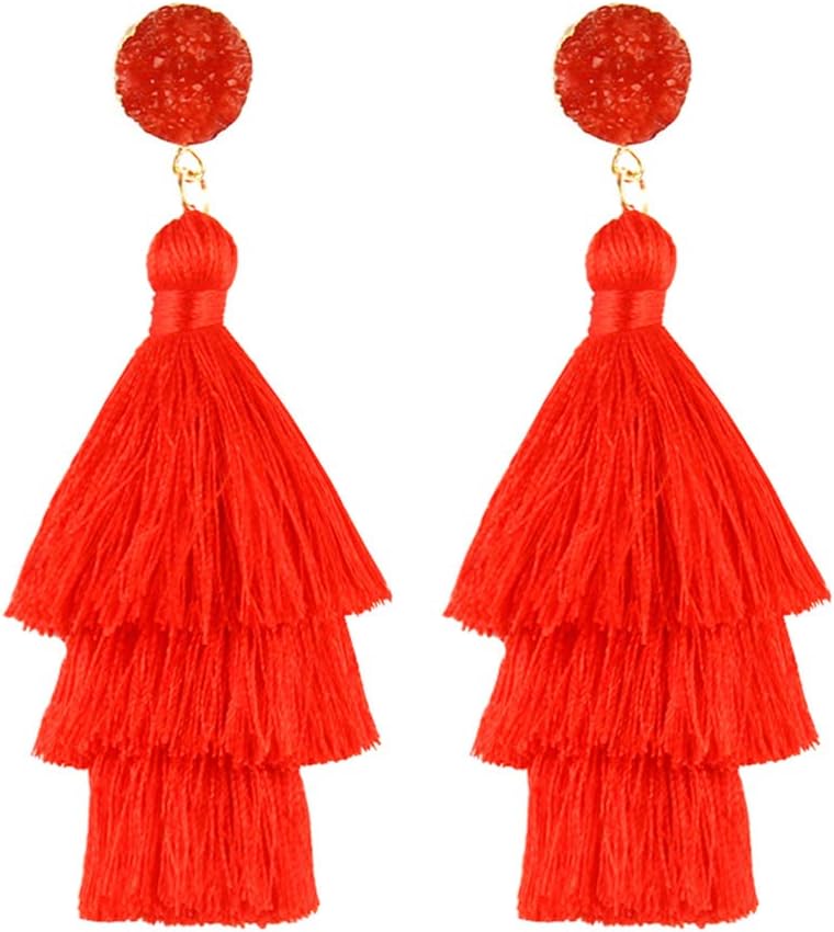 Tassel Earrings Drop Dangle Bohemian Colorful Layered Tiered Thread Fringe Stud Earrings