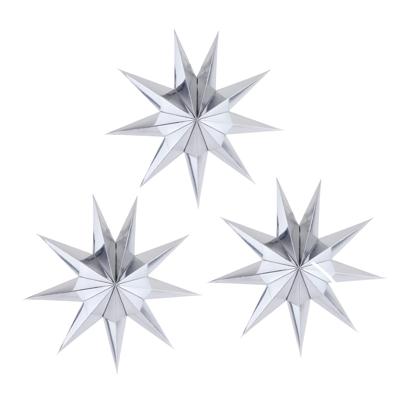 3 Pieces 9-Pointed White Paper Star Christmas Decorations Ceiling Tree Decorations Room Hanging Hanging Lampshade Christmas Holiday, Baby Shower,Weddings, Birthday Party Decorations (Silver)