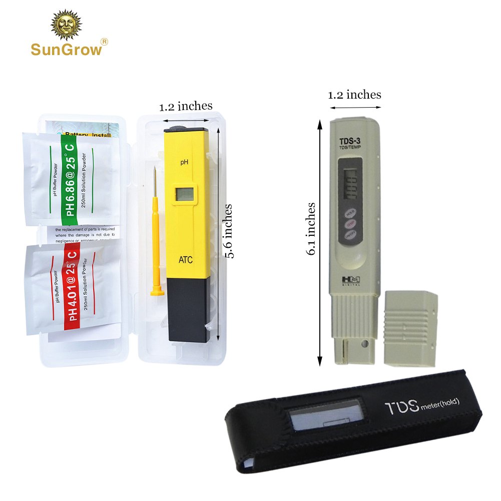 Digital PH and TDS Meter Set by SunGrow - Highly accurate readings - Lightweight, portable & Easy to read LCD screen: Monitor hydroponics, aquarium, fruit, tap water, pool water - Batteries included