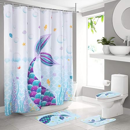 Wernnsai Mermaid Anti Slip Bathroom Rugs Set Pedestal Rug Lid Toilet Cover Bath Mat Waterproof Shower Curtain For Kids Girls Underwater World Home Bathroom Decorations Amazon Co Uk Kitchen Home