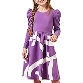 Asbabiy Girls Long Sleeve Puff Sleeve T-Shirt Stretchy Dress A line Twirly Skater School Party Dresses 8-12 Years