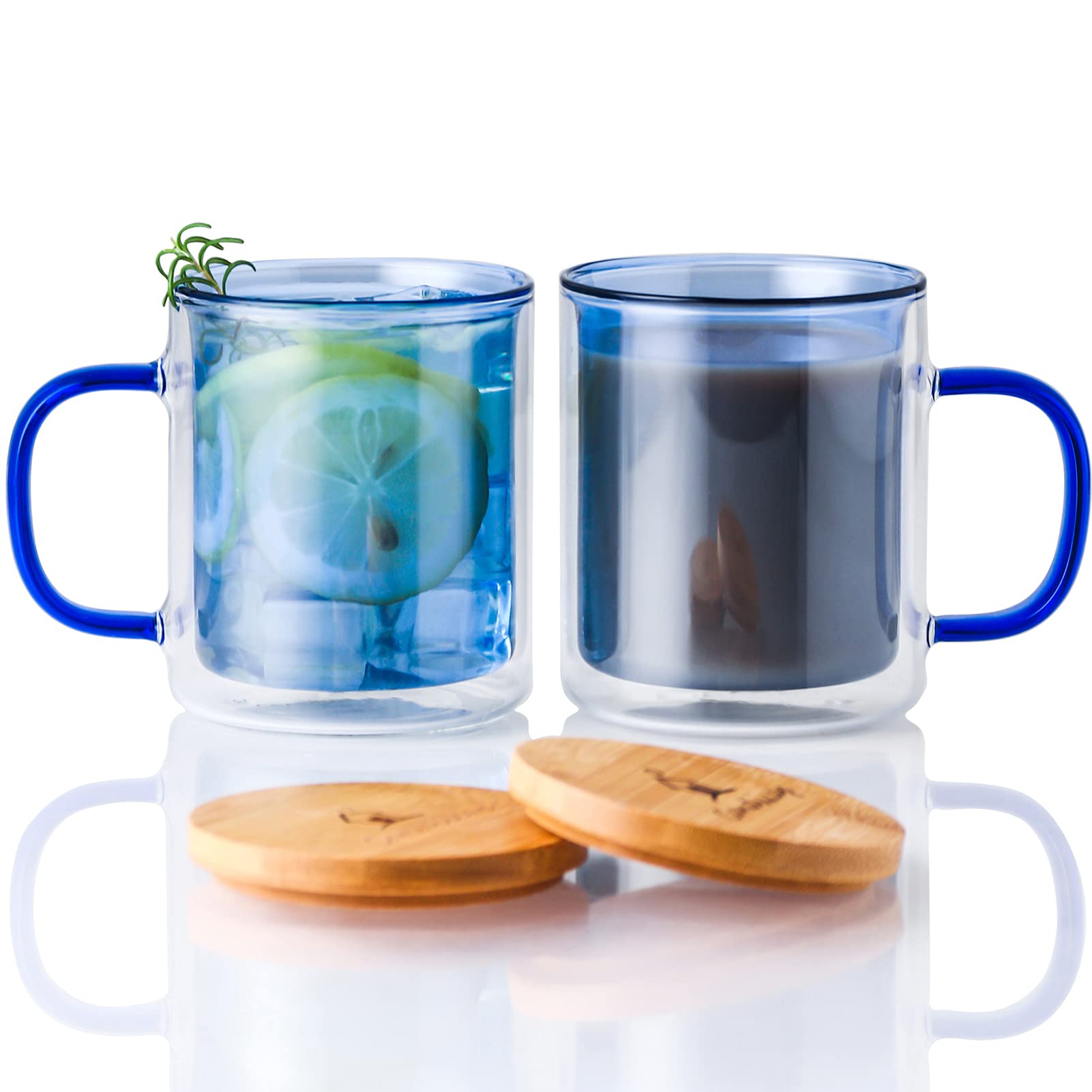 Candiicap Colorful Double Walled Glass Coffee Mug with Lid (350ml), Insulated Coffee Glass with Handle for Hot&Cold Drink, Clear Glass Cup for Hot Chocolate, Iced Coffee, Latte, Tea, Beer