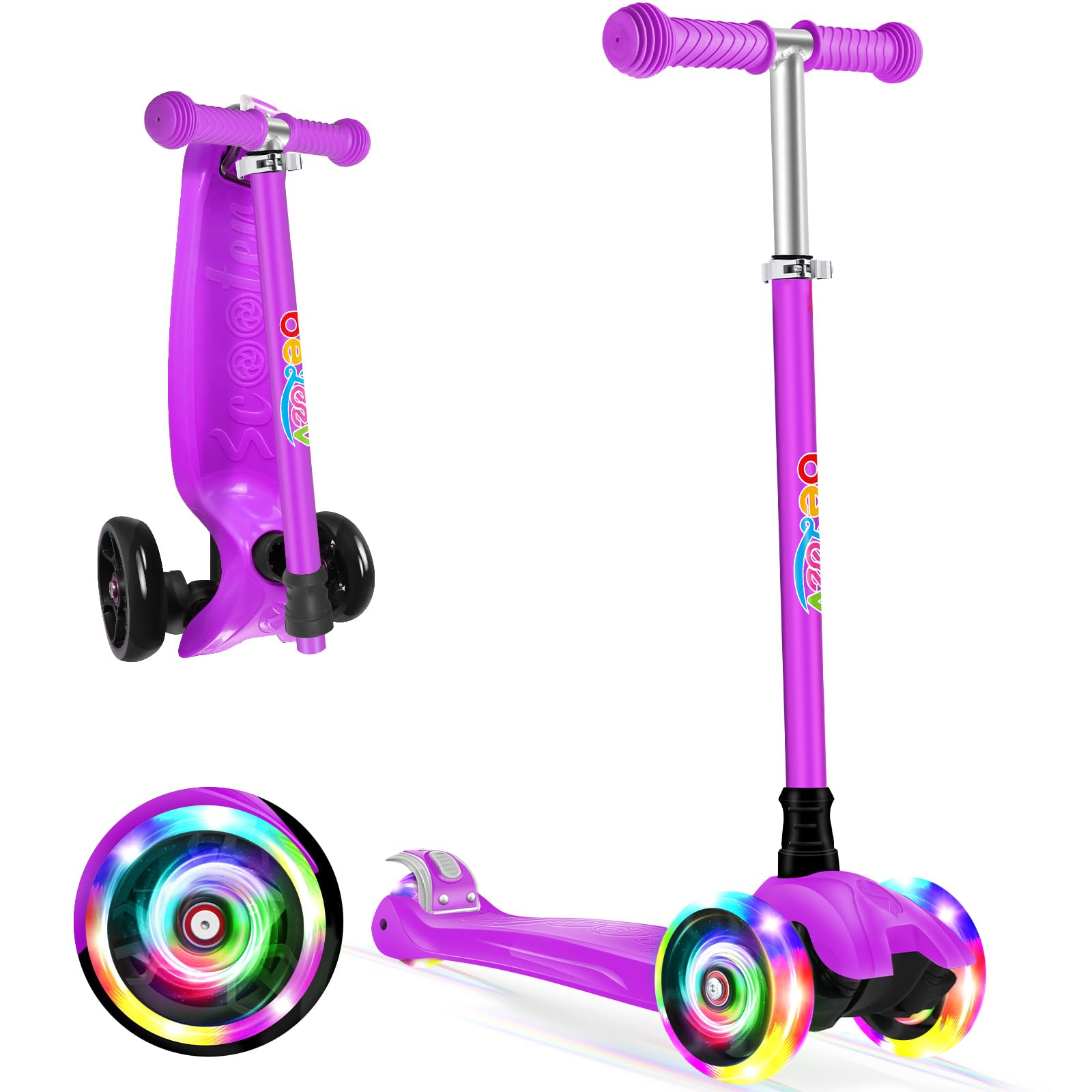 BELEEV Deluxe 3-Wheel Scooter for Kids Age 3-12, Adjustable Height, Lean to Steer, Light Up Wheels, Extra-Wide Deck (Purple)