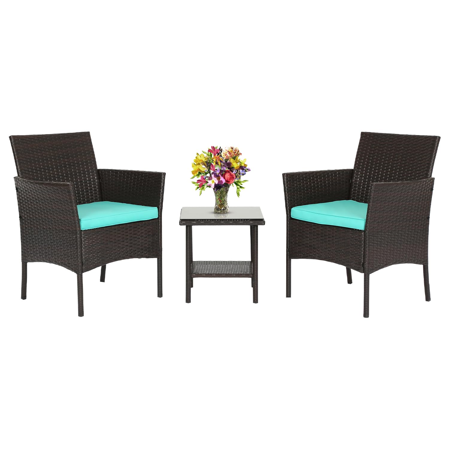 Photo 1 of ***PARTIAL SET - PRICE ADJUSTED***SEE NOTES***
FDW 3 Piece Outdoor Furniture Set Patio Brown Wicker Chairs Furniture Bistro Conversation Set 2 Rattan Chairs with Blue Cushions and Glass Coffee Table for Porch Lawn Garden Balcony Backyard