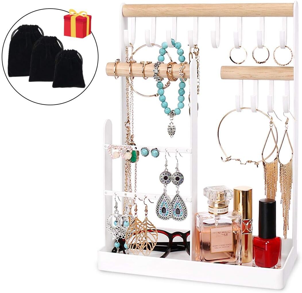 Jewelry Stand Organizer，Necklace Holder Earring Display Stand Jewelry Tree with Wooden Ring Tray and Hooks Storage Necklaces, Bracelets, Rings, Watches Metal Desk Organizer Stand,White
