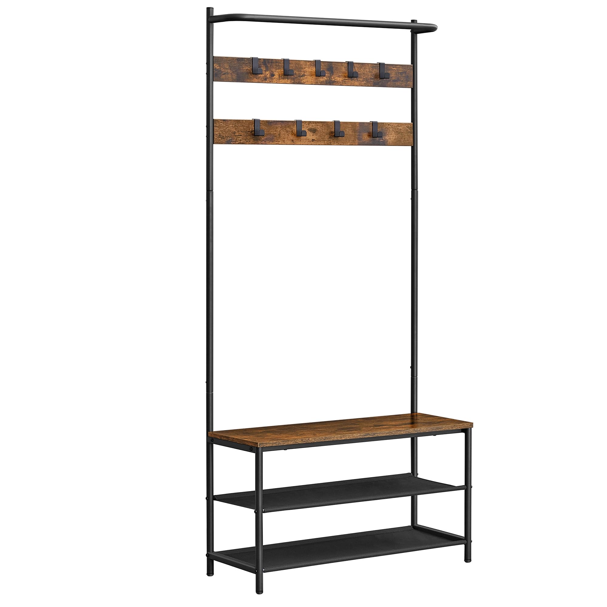 VASAGLE Hall Tree with Bench and Shoe Storage, Entryway Bench with Coat Rack Stand and Shoe Rack, 9 Movable Hooks, Top Bar, Fabric Shelves, Industrial, Rustic Brown and Black UHSR421B01 Image VASAGLE Hall Tree with Bench and Shoe Storage, Entryway Bench with Coat Rack Stand and Shoe Rack, 9 Movable Hooks, Top Bar, Fabric Shelves, Industrial, Rustic Brown and Black UHSR421B01 Image
