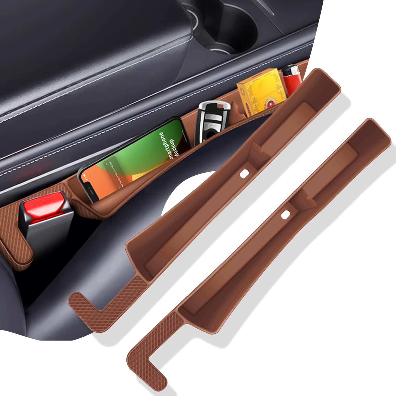 Photo 1 of ONISMEZ 2PCS Car Seat Gap Filler Organizer,Multifunctional Car Gap Fillers with USB and Phone Holder, Universal Car Seat Storage Organizer Between Seats for Phone, Keys, Eyeglasses(Brown)