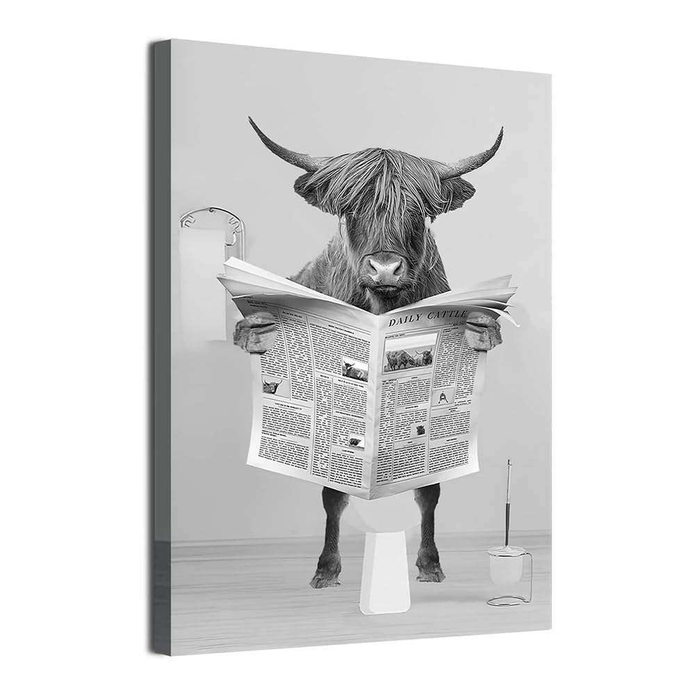 LPFNSF Bathroom Animal Pictures, Black and White Animals in The Bathroom, Fun Cow Elephant Art Paintings, Printed Bathroom Decoration Posters, Frameless. (Highland Cow, 60x90cm*1)