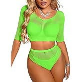 ChiaoLezhee Fishnet Lingerie Set for Women, Sexy Rave Club Dancer Stripper Outfits, Off The Shoulder High Waisted Fits 0-20