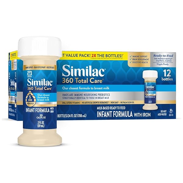 SIMILAC 360 TOTAL CARE INFANT FORMULA, HAS 5 HMO PREBIOTICS, OUR CLOSEST PREBIOTIC BLEND TO BREAST MILK, NON-GMO,‡ BABY FORMULA, READY TO FEED, 2-FL-OZ BOTTLE, PACK OF 12