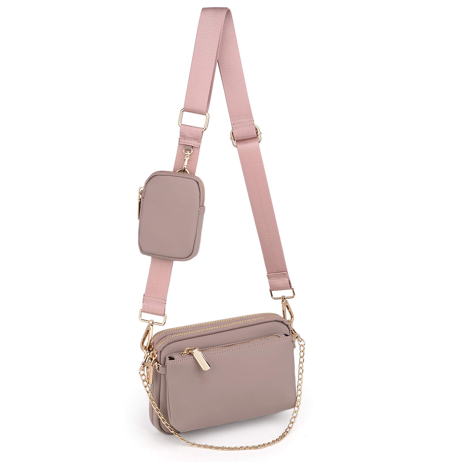UTO Crossbody Bags for Women Multipurpose Ladies Shoulder Handbags Separable Golden Chain Strap Small Pouch Faux Leather Pale Mauve