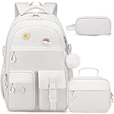 kamater School Backpack for Teen Girls with Lunch Bag & Pencil Pouch - Water Resistant Bookbag for Middle High School Students, Beige White