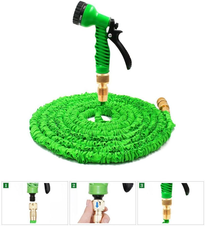 Expanding Garden Hose, ESOONS 50ft Water Garden Pipe Flexible with Solid Brass Fittings and 7 Paterns Spray Nozzle for Watering Plants, Cleaning, Car Washing and Showering Pets(Green)