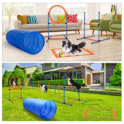 JMMPOO Agility Set Dogs, 65-Piece Agility Equipment for Dog Training Games with Dog Tunnel, Hurdles, 8 Slalom Poles, Jump Ring, 2 Tennis Ball Toys, Break Box, Treat Bag, Carry Bag