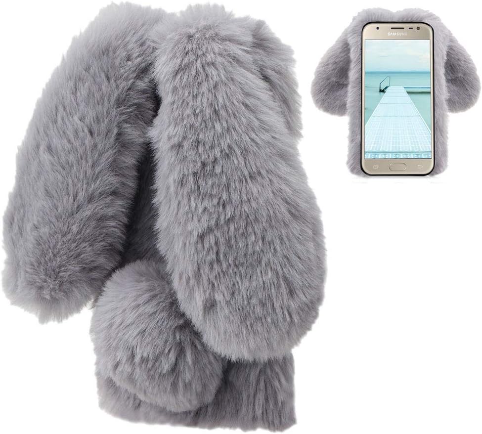 LCHDA Rabbit Case for Samsung Galaxy J7 2018, Cute 3D Bunny Ears Soft Furry Hairball Fuzzy Winter Warm Faux Fur Plush Fluffy Flexible TPU Bumper Protective Skin Cover for Women Girls - Gray