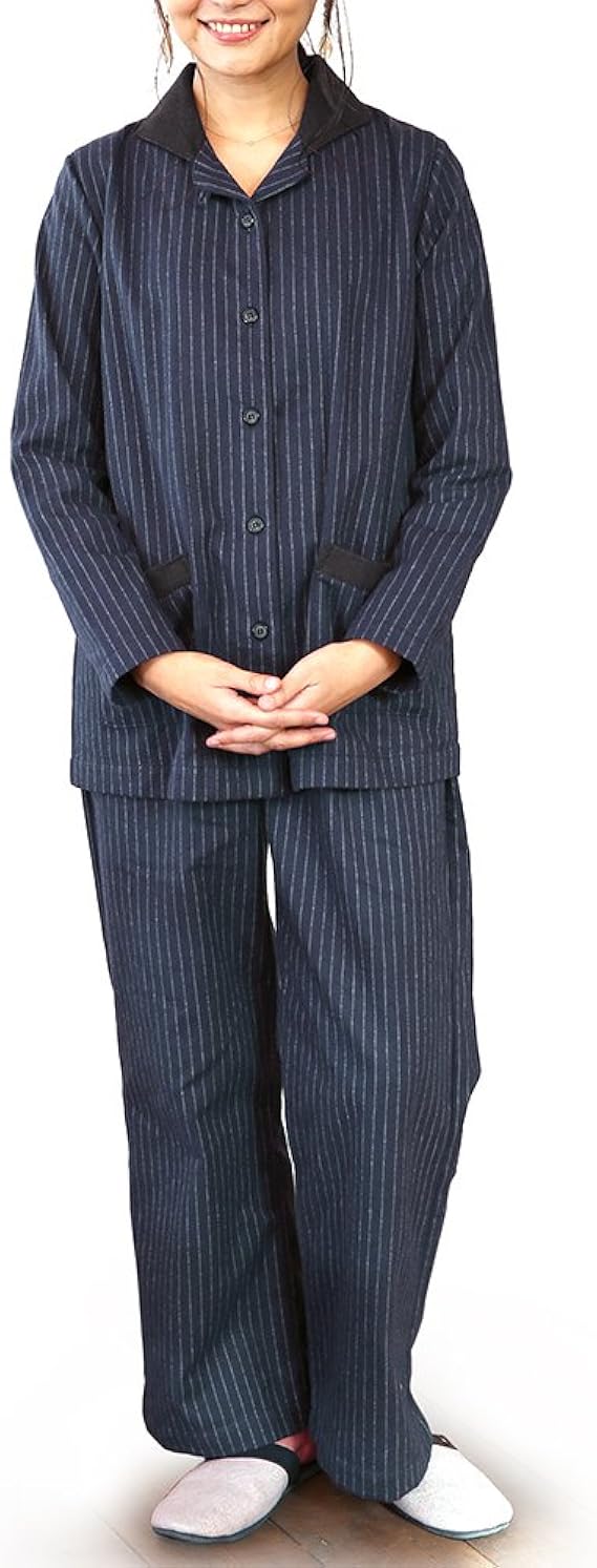 Amazon パジャマ屋 パジャマ ネル 前開き 長袖 秋 冬 綿100 クラシック ストライプ柄 レディース グランドネイビー Mbサイズ パジャマ ルームウェアセット 通販
