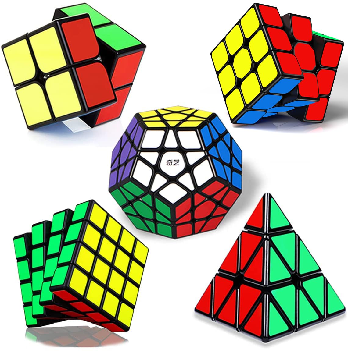 ROXENDA Speed Cube Set, 2x2 3x3 4x4 Pyramid Dodecahedron Cube - Magic Fast Cubes Collection for Kids & Adults [5 Pack](Sticker)