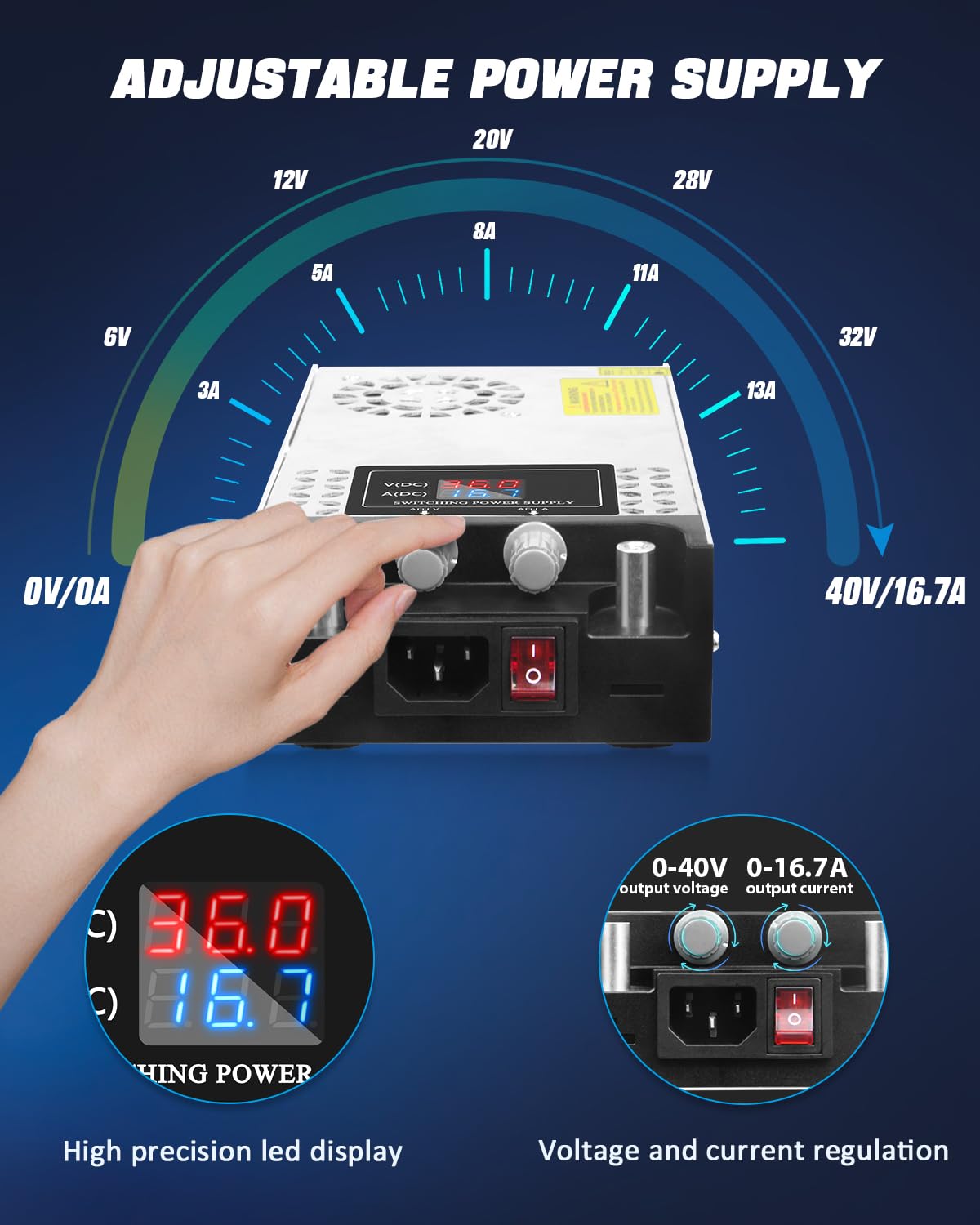 SHNITPWR 600W Adjustable Power Supply Variable 110V AC to 24V DC Converter 0-30V 0-25A Universal Switching Power Supply SMPS 26V 24V 18V 12V 9V 5V Transformer with LCD Display for Strip Monitor CCTV