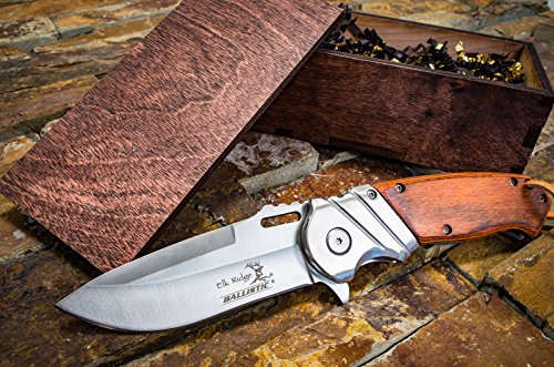 Pocket Knife & Wood Box- Boyfriend or Groomsmen Wooden Gift Boxes- Groomsman Hunting Set- Sharp Elk Ridge Folding Blade, Spring Assisted Open, w/ Clip- Mens Husband Wedding Gifts 003SW