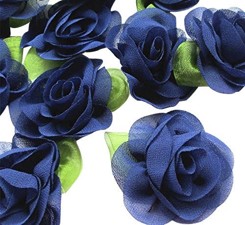 Dandan DIY 12pcs Multi Colors U-Pick Chiffon Ribbon Flowers with Leaf Bows Appliques Craft Wedding Doll Dec (Navy)