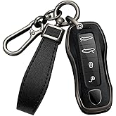 HIBEYO 3 4 Button Key Fob Cover for Porsche 911 Cayenne Macan Panamera Taycan Accessories with Keychains Alloy PU Leather Smart Key Cover Protector-Black Black