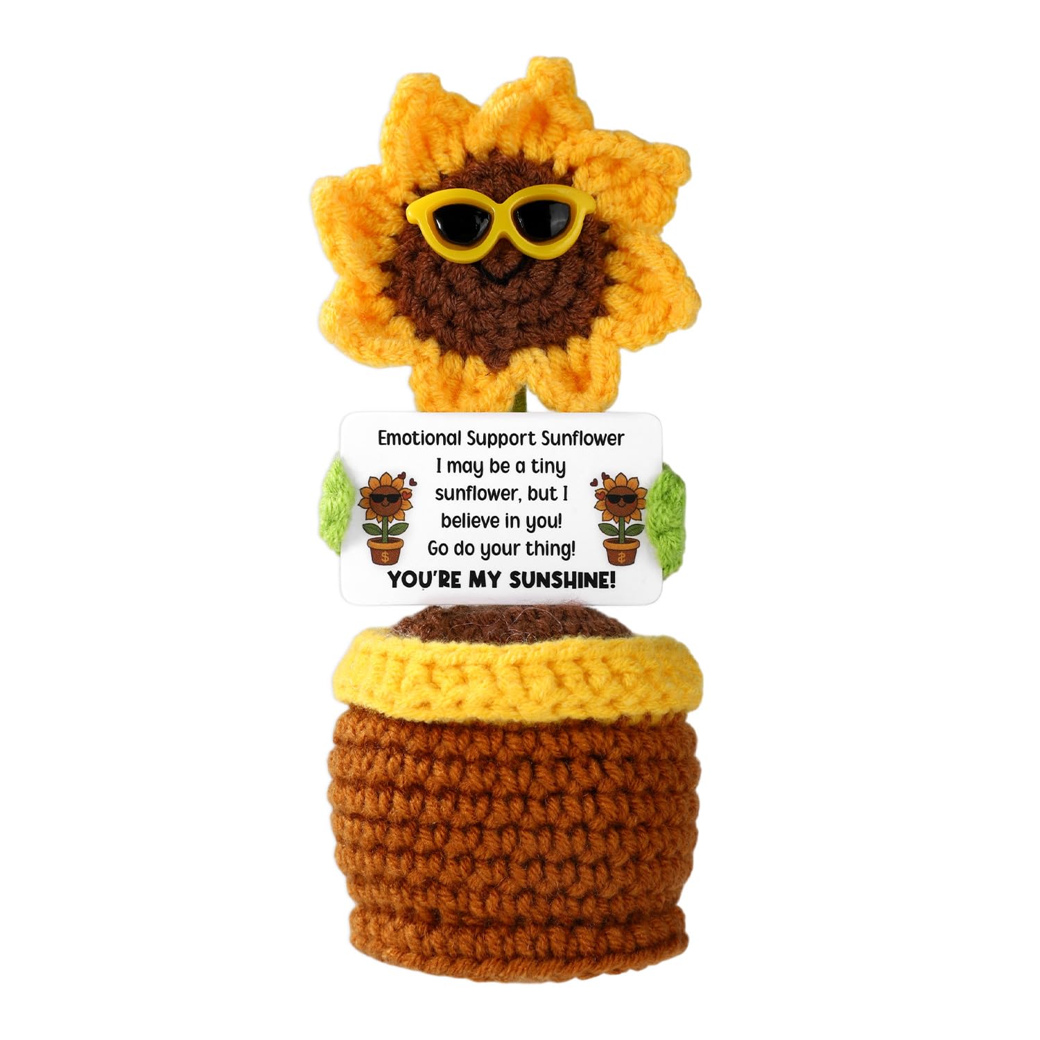 Positive Knitted Sunflower, Handmade Positive Doll Crochet Cute Crochet Sunflower Toy with Sunglasses & Card