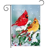 YMYIELD Winter Cardinal Garden Flag 12.5 x 18 Inch Double Sided Home Decor, Berry Snowflake House Outside Outdoor Cardinal Burlap Yard Flag Decoration