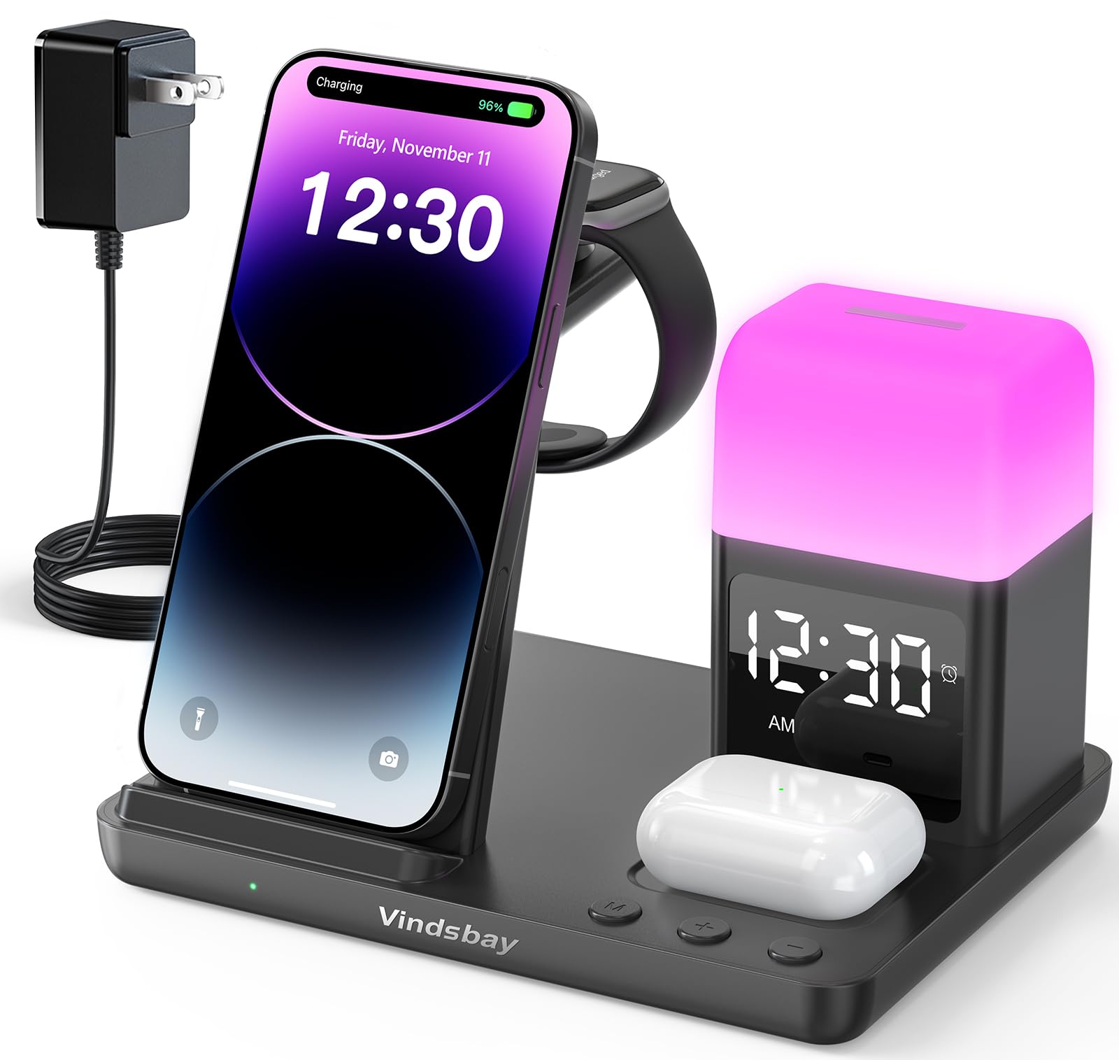 Wireless Charging Station Alarm Clock with 8 Touch Night Lights: 5 in 1 Charger Stand for Apple Devices - Charging Dock for iPhone 17 16 15 14 13 12 Pro Max Plus/Apple Watch/AirPods, Dimmable