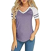 Foshow Womens Baseball Raglan Color Block T-Shirts Summer Short Sleeve V Neck Tees Jersey Casual Blouses Tops