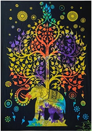 Fable9 Wall Tapestry Fabric Wall Hanging | Multicolor Elephant under Tree Home Decor Design | Rectangular Cotton Wall Blanket Twin Size, 84 x 54 Inch