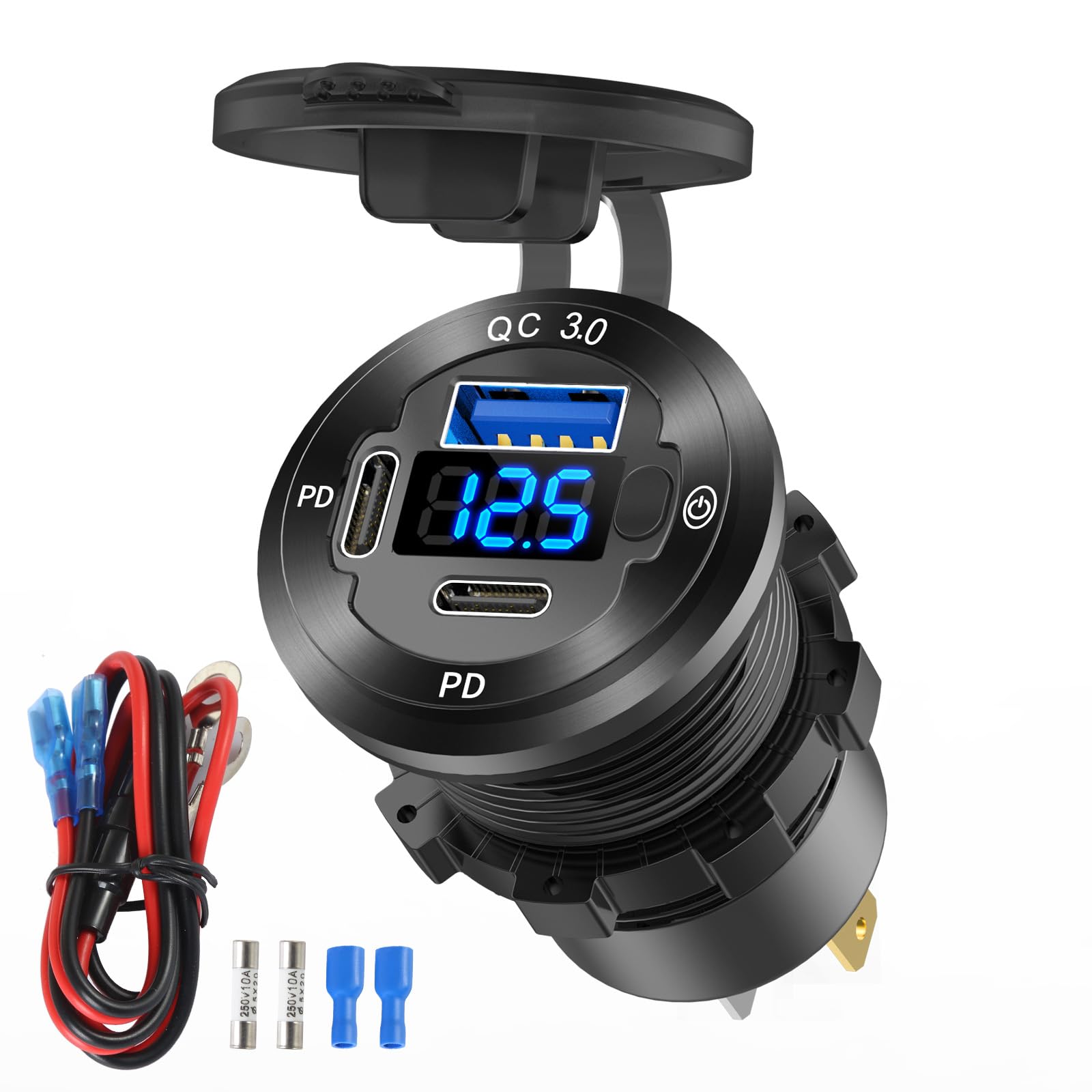 12V USB Outlet 3 Port Car Charger Socket, 78W Dual PD USB C 30W and Quick Charge3.0 Port Aluminum Charger Waterproof with Voltmeter and Button Switch for Boat Marine Motorcycle RV Truck Golf Cart, etc