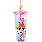 Silver Buffalo The Powerpuff Girls Team PPG Townsville Featuring Buttercup, Bubbles, and Blossom Plastic Cold Cup with Lid and Straw Topper, 24 Ounces