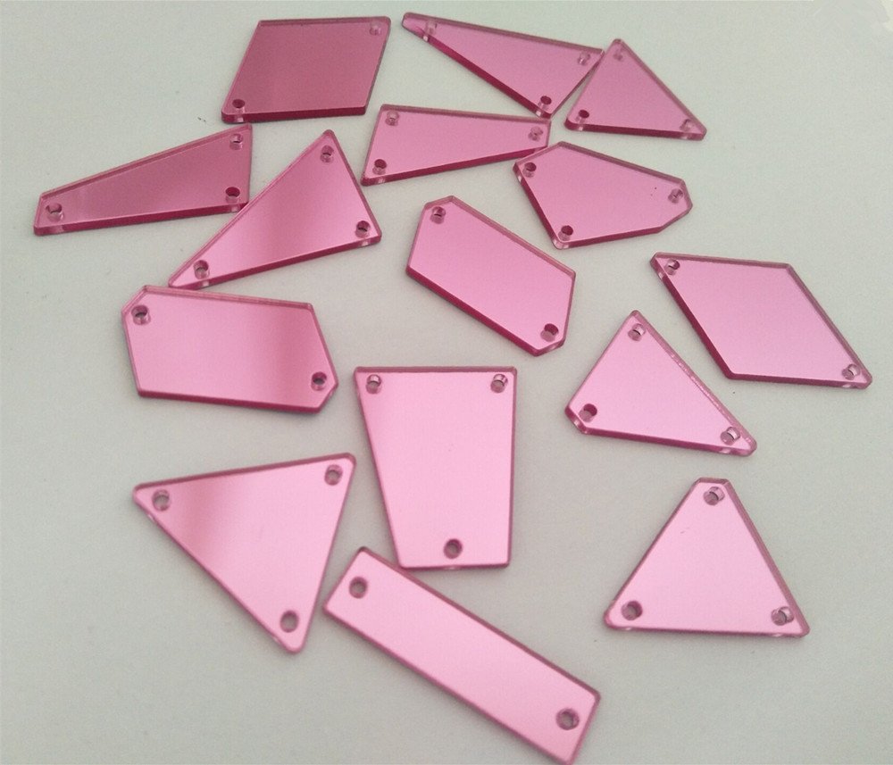 Sew On Acrylic Mirror Diamante Rhinestone Crystal Flat Back Mirror Beads with Hole for DIY Wedding Dress Clothing Bags Shoes Decoration Accessory (Pink)
