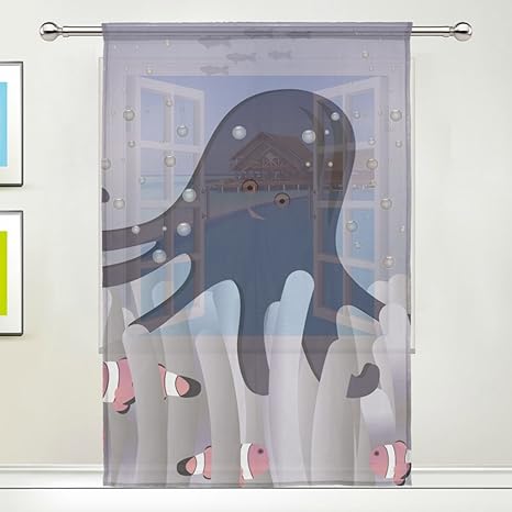 Amazon マキク Makiku シェードカーテン 遮光 ミラーレースカーテン おしゃれ レースカーテン 断熱 遮熱 出窓 小窓 Uvカット 薄い 目隠し タコ かわいい 魚柄 グレー 幅140cm 丈0cm 1枚 レースカーテン オンライン通販