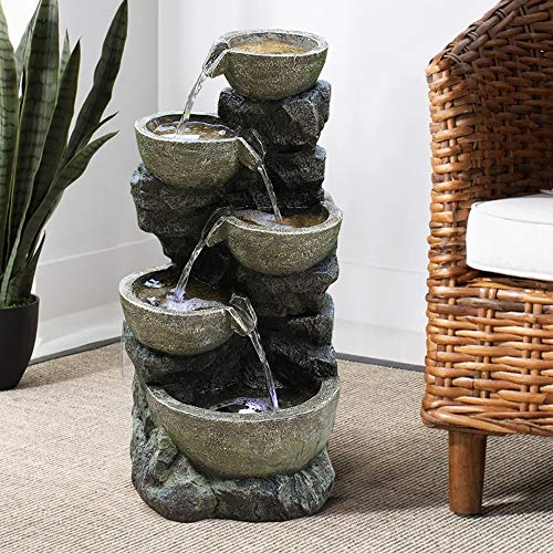 PeterIvan Outdoor Water Fountain - 32" H 5 Urns Falling Water Indoor Outdoor Fountain with Lights | Resin Fiberglass Freestanding Waterfall Fountains Features Calming&Relaxing Water Sounds - Thumbnail 5