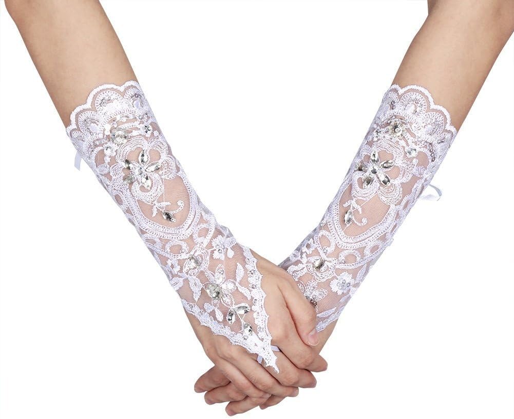QEDBOJE Damen Fingerlose Spitze Handschuhe – Kurze Spitzenhandschuhe Mit Blumenmuster Für Hochzeit & Ball