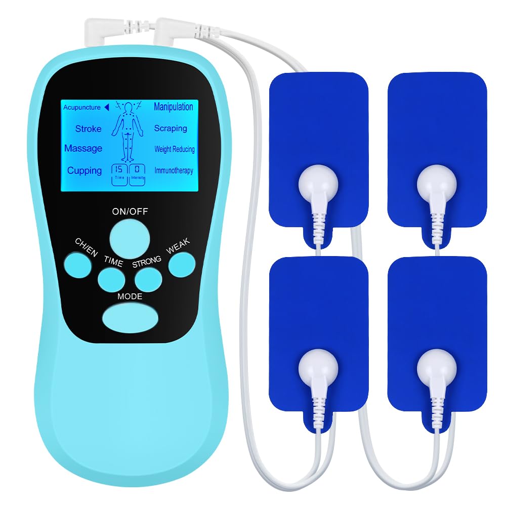 CLIUNT TENS Machine Muscle Stimulator for Pain Relief, Rechargeable TENS Unit Muscle Stimulator, Body Acupuncture Massage Machine with 8 Massage Modes 4 Patches for Arthritis Sciatica(Blue)