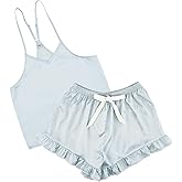 Bella Sleep + Spa Pajamas for Women Loungewear 2-Piece Cami and Velvet Ruffled Shorts/Shirt Sleep Set, Medium, Blue