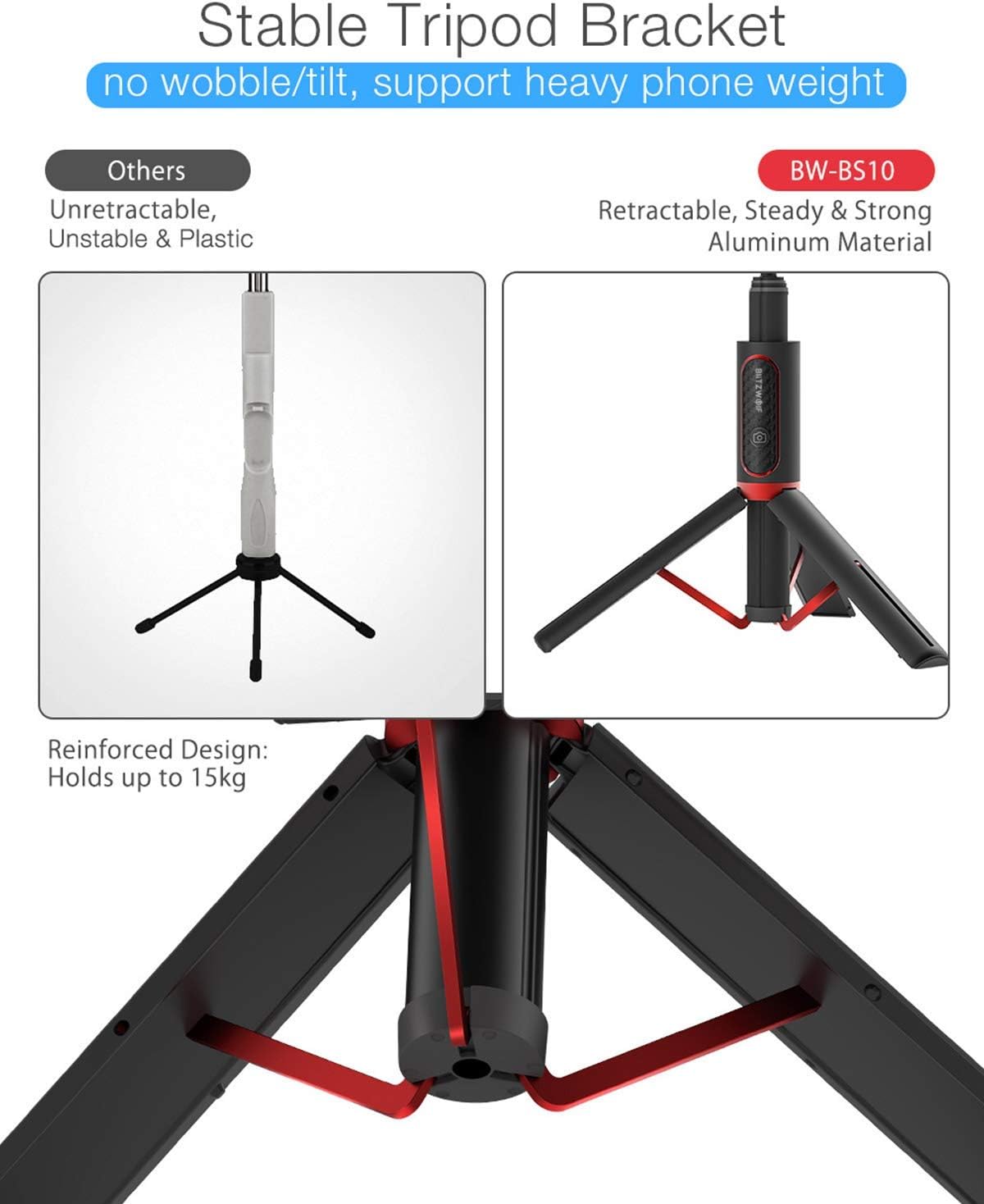 Selfie Stick Tripod, BlitzWolf Lightweight Aluminum All in One Extendable Phone Tripod Selfie Stick Bluetooth with Remote for iPhone 11/Xs MAX/XR/XS/X/8/8 Plus/7/7 Plus/6s, Galaxy S10/S9/S9 Plus, More: Camera & Photo