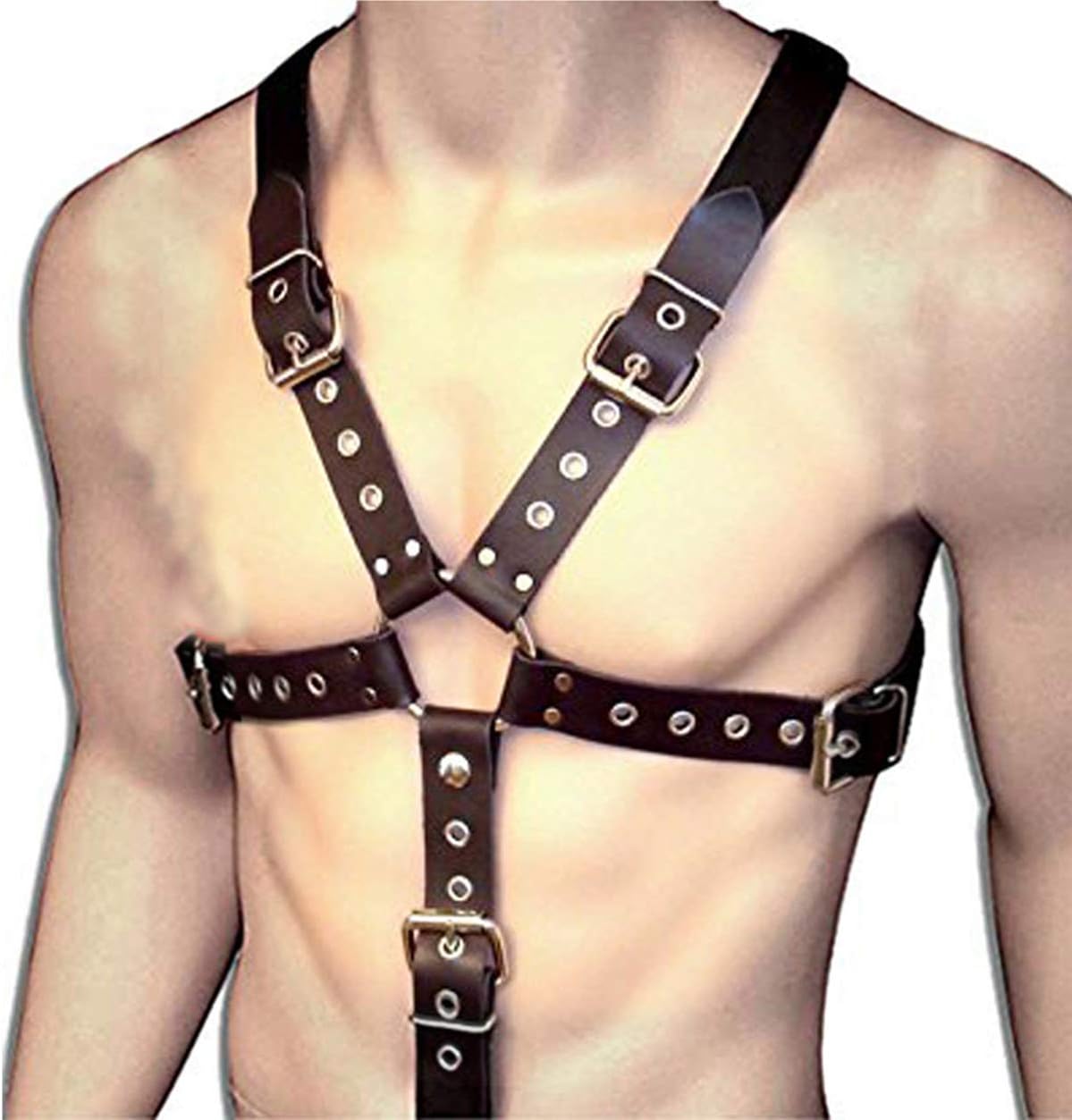 KELAND Men Sexy Black Leather Restrain Body Chest Harness Adjustable Straps Fancy Costumes (Black A)