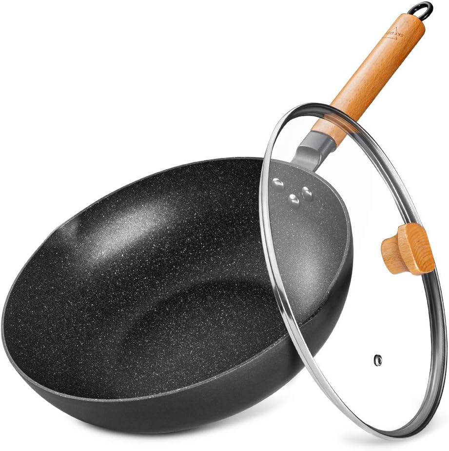 SKY LIGHT Wok Pan with Lid, 12-inch Nonstick Stir Fry Pan, 100% APEO & PFOA-Free Granite Stone Coating, Cookware Pot with Detachable Wooden Handle, Induction Compatible