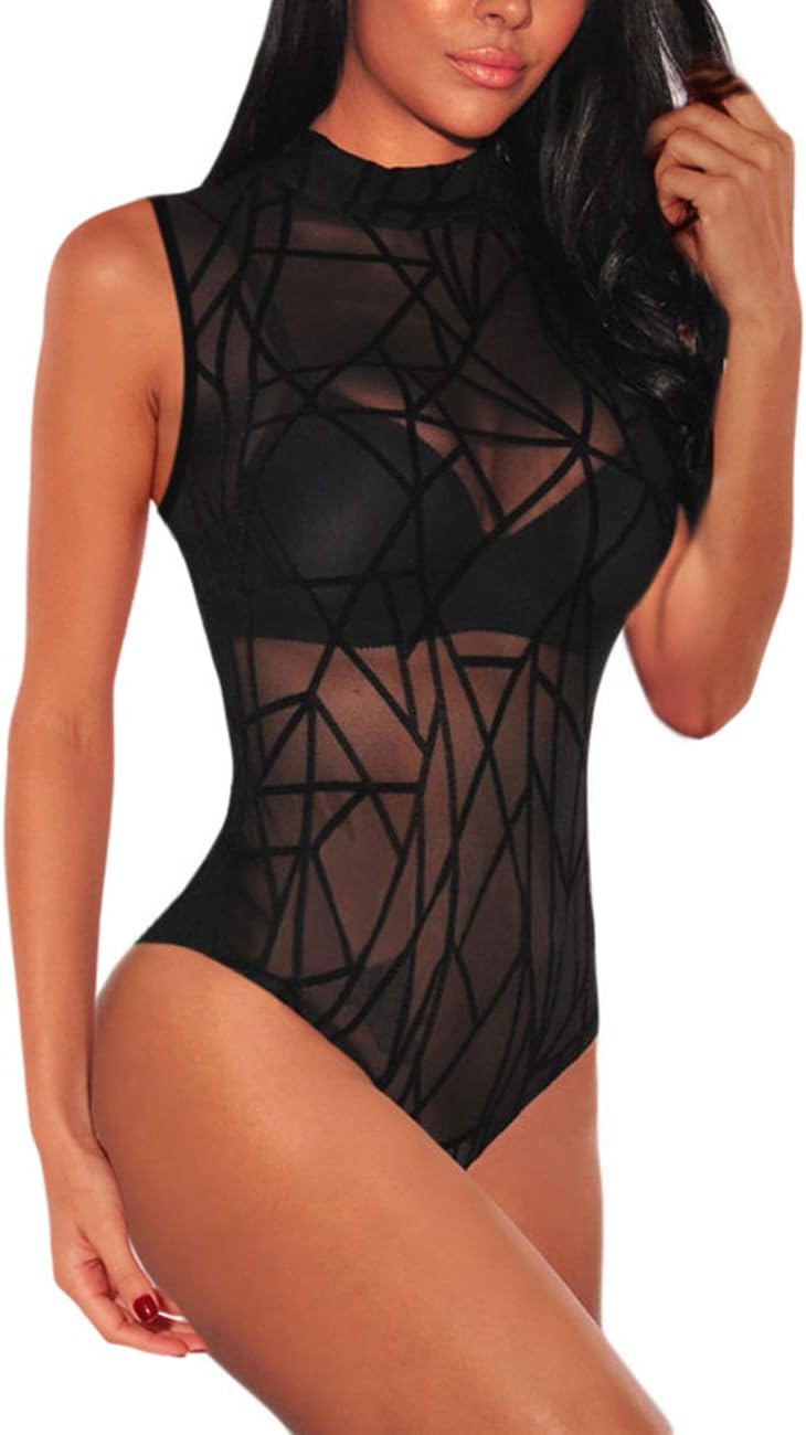 LradyWomen's Sheer Mesh Turtleneck Neck See Through Leotard Bodysuit Body Tops
