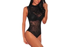 ADEWEL Women's Long Sleeves Stretchy Sheer Mesh Leotard Bodysuit Jumpsuit Body Suit Tops