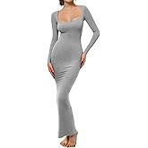 Buauty Women's Bodycon Maxi Dresses, Ribbed Square Neck Long Dress, Fall Long Sleeve Lounge Dress for Women