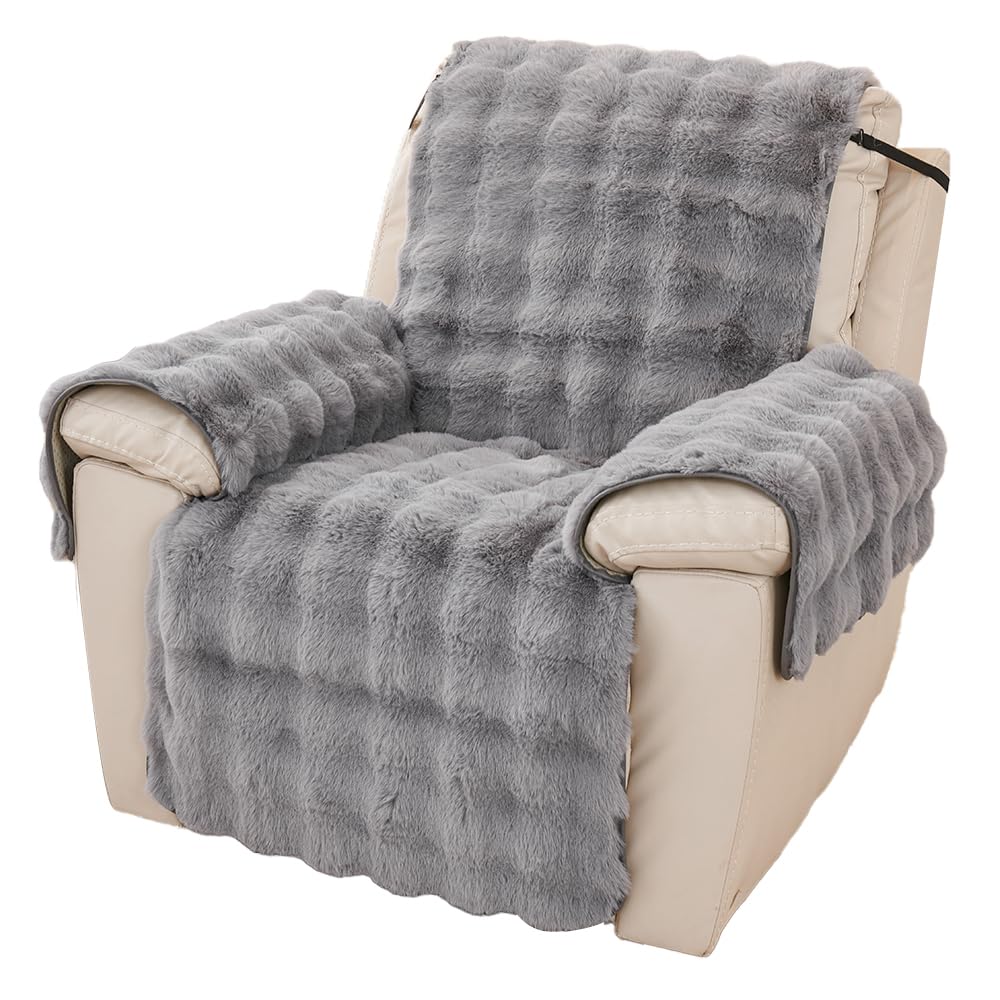 NUODWELL Thick Rabbit Plush Recliner Chair Cover, Super Soft Faux Fur Armchair Slipcover, Non Slip Washable Furniture Protector Cover with Tightening Straps for Kids and Pets (Dark Grey)