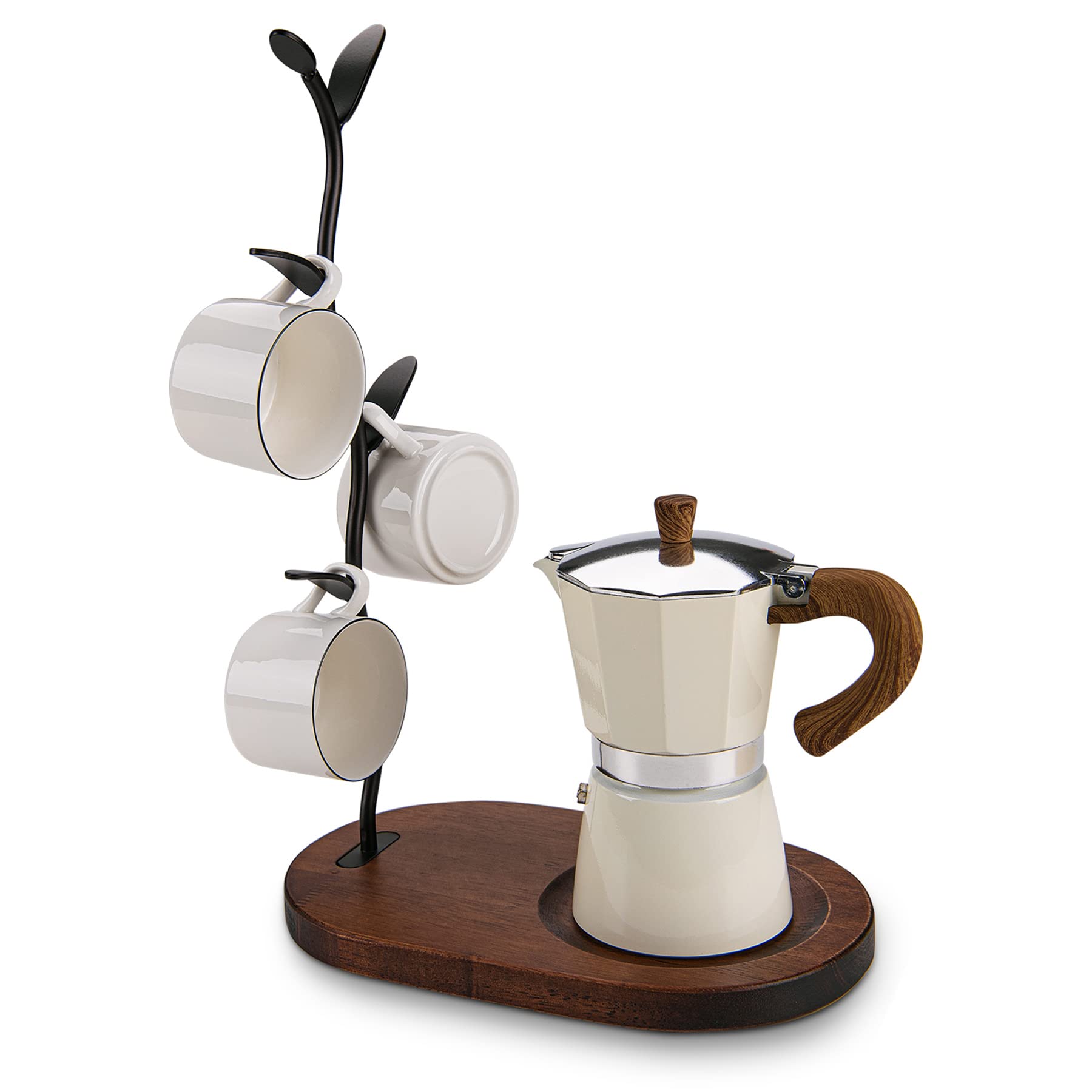 Ouseen Coffee Mug Holder with Saucer Holder, Coffee Saucer Rack, Mug Rack holder, Mug Tree for Counter, Coffee Bar Accessories & Kitchen Organizer (Black, 4 Hook Upgrades)